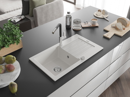 Mexen Pablo vienos kameros granitinė plautuvė su džiovykla ir virtuviniu maišytuvu Flora, balta - 6510-20-670401-07