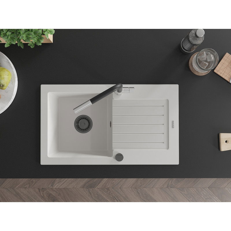 Mexen Pablo granito plautuvė su 1 kamera, nutekėjimo ir virtuviniu maišytuvu Flora, balta - 6510-20-670401-07-B