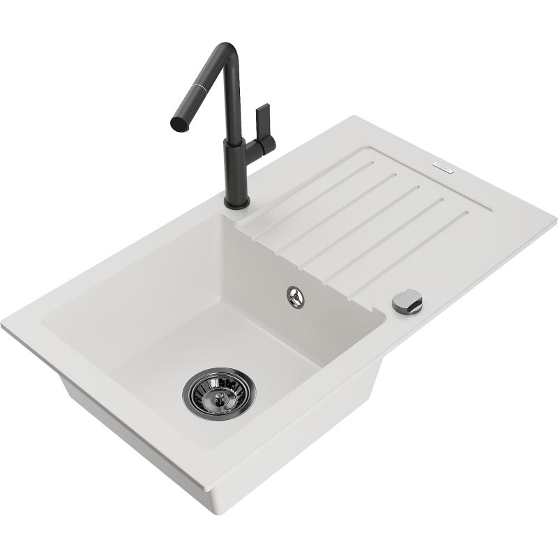 Mexen Pablo vienos kameros granito virtuvinė kriauklė su nusausintuvu ir virtuviniu maišytuvu Flora, balta