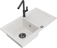 Mexen Pablo vienos kameros granito virtuvinė kriauklė su nusausintuvu ir virtuviniu maišytuvu Flora, balta