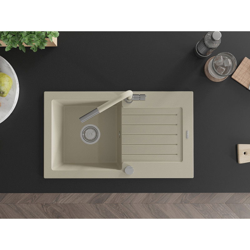 Mexen Pablo granito plautuvė 1 skyrelio su nusausintoju ir virtuviniu maišytuvu Flora, smėlio - 6510-69-670401-09