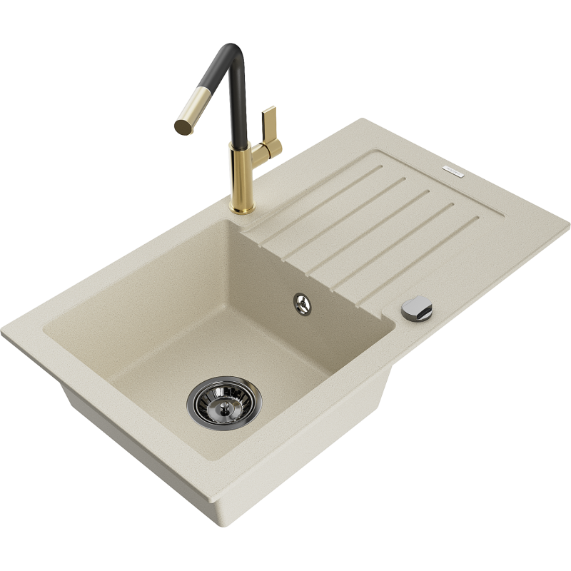 Mexen Pablo vienos kameros granitinė kriauklė su nusausintuvu ir Flora virtuvės maišytuvu, smėlio spalvos