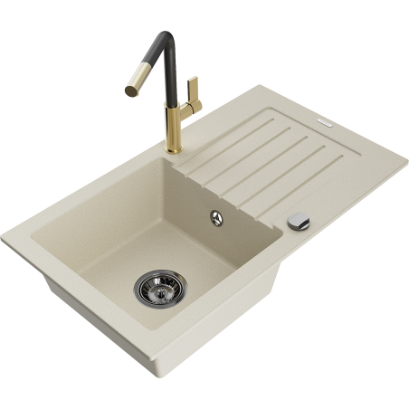 Mexen Pablo vienos kameros granitinė kriauklė su nusausintuvu ir Flora virtuvės maišytuvu, smėlio spalvos