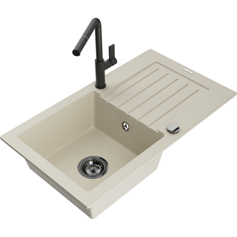 Mexen Pablo granitinė vienos kameros plautuvė su lašintuvu ir virtuviniu maišytuvu Flora, smėlio spalvos