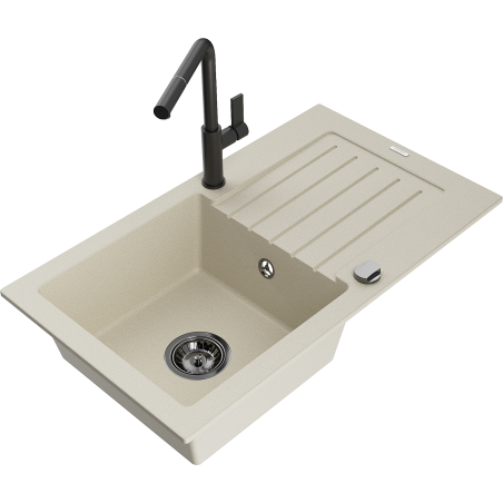 Mexen Pablo granitinė vienos kameros plautuvė su lašintuvu ir virtuviniu maišytuvu Flora, smėlio spalvos