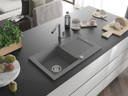 Mexen Pablo granitinė 1-jų skylių kriauklė su nutekėjimu ir virtuvės maišytuvu Flora, pilka - 6510-71-670401-06
