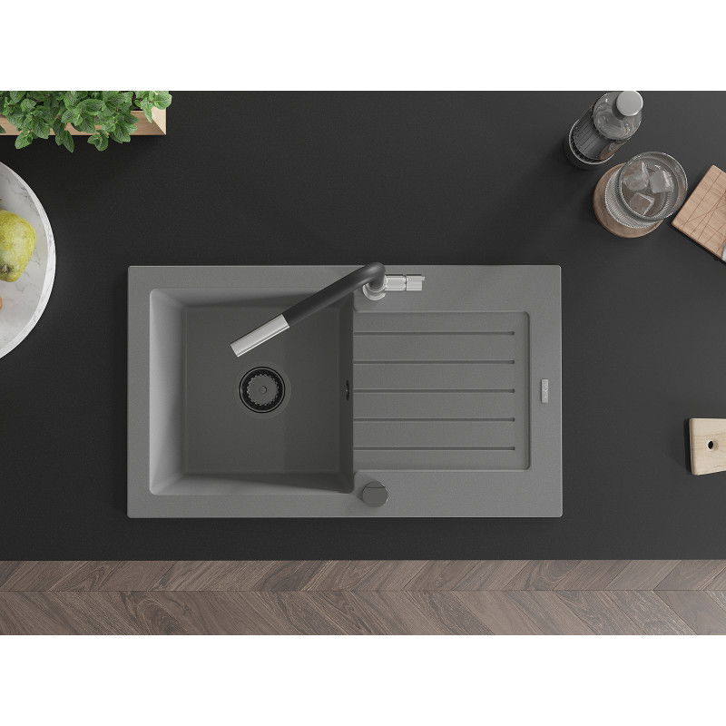 Mexen Pablo granito virtuvės plautuvė su vienu dubeniu ir nutekamąja dalimi bei Flora čiaupu, pilka - 6510-71-670401-07-B