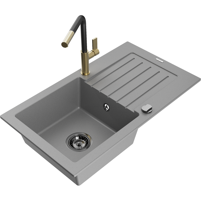 Mexen Pablo granito plautuvė 1-dubeninė su džiovykle ir virtuviniu maišytuvu Flora, pilka - 6510-71-670401-57-B