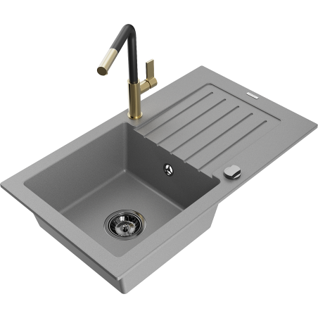 Mexen Pablo granito plautuvė 1-dubeninė su džiovykle ir virtuviniu maišytuvu Flora, pilka - 6510-71-670401-57-B