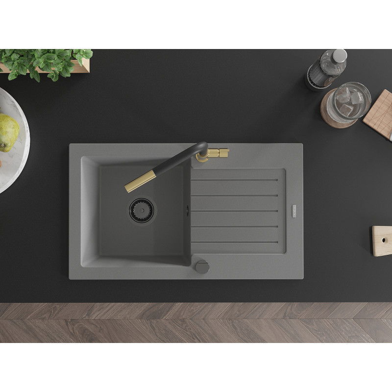 Mexen Pablo granito plautuvė 1-dubeninė su džiovykle ir virtuviniu maišytuvu Flora, pilka - 6510-71-670401-57-B