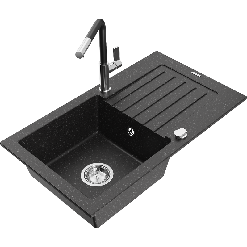 Mexen Pablo granitinis vienos kameros kriauklė su drenažu ir virtuviniu maišytuvu Flora, juoda/sidabrinis metalikas