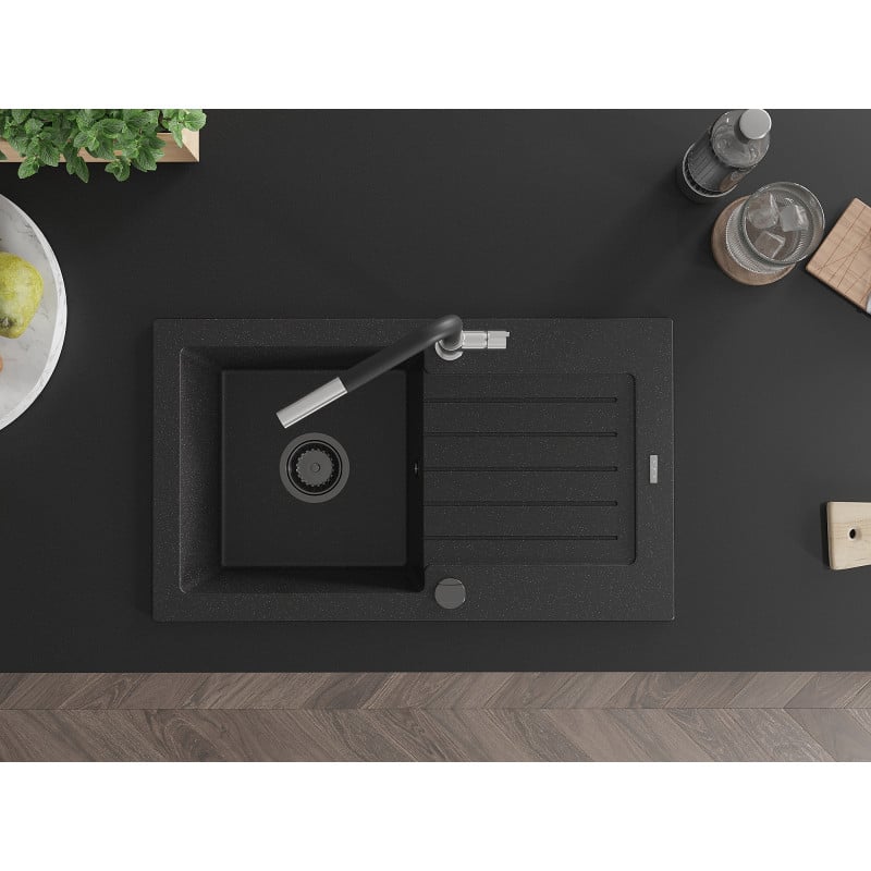 Mexen Pablo vienos kameros granitinė plautuvė su nusausintuvu ir Flora virtuvės maišytuvu, juodas/sidabrinis metalikas