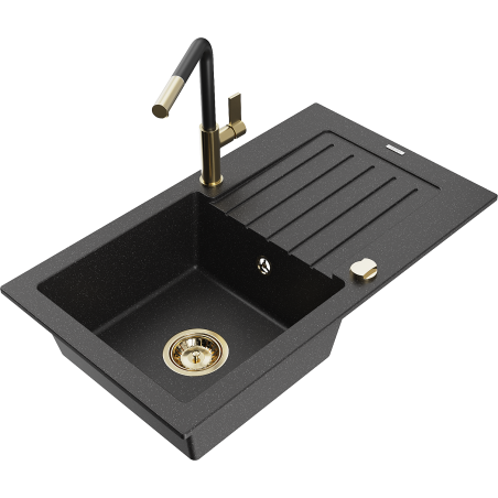 Mexen Pablo vientisas granito kriauklė su drenažu ir Flora virtuvės maišytuvu, juoda/sidabro metalikas - 6510-73-670401-57-G