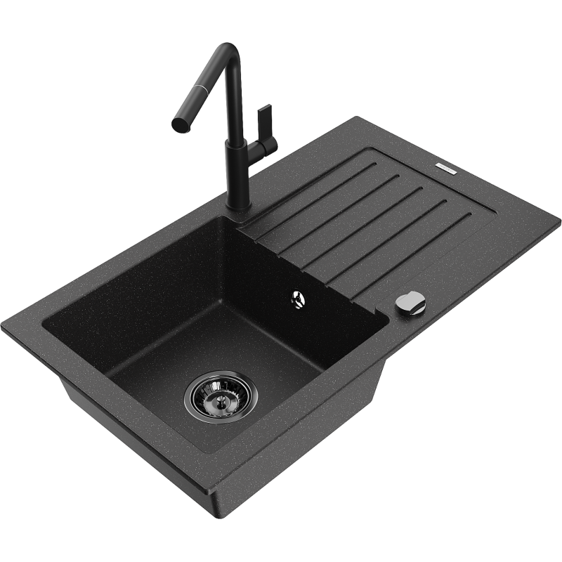 Mexen Pablo 1 skyriumių granitinė plautuvė su nutekėjimu ir virtuvės maišytuvu Flora, juoda/sidabro metalo spalvos