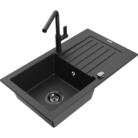 Mexen Pablo 1 skyriumių granitinė plautuvė su nutekėjimu ir virtuvės maišytuvu Flora, juoda/sidabro metalo spalvos