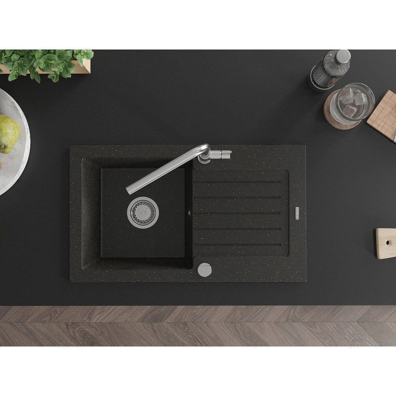 Mexen Pablo granitinė vienos kameros kriauklė su nuvarvėjimo lentyna ir virtuviniu maišytuvu Flora, juoda/auksinis metalikas