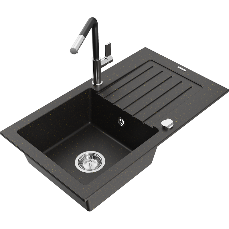 Mexen Pablo granitinė vienos kameros plautuvė su nusausintuvu ir virtuviniu maišytuvu Flora, juoda/auksinis metalikas