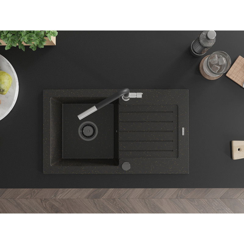 Mexen Pablo granitinė vienos sekcijos plautuvė su nusausintuvu ir virtuviniu maišytuvu Flora, juodos/auksinės metalo spalvos