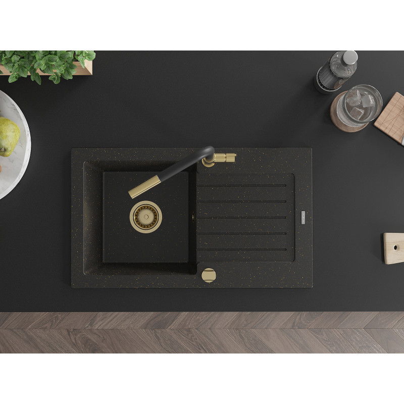 Mexen Pablo vieno skyriaus granito plautuvė su drenažu ir virtuvės maišytuvu Flora, juoda/auksinė metalinė