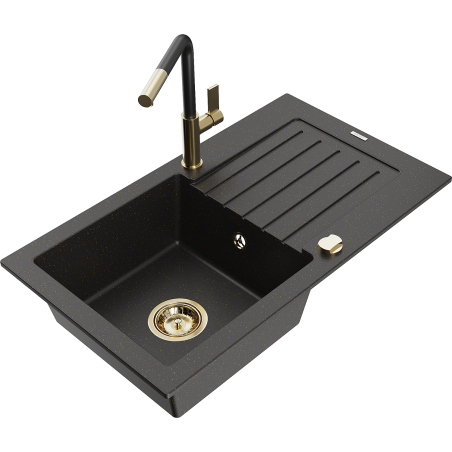 Mexen Pablo vieno skyriaus granito plautuvė su drenažu ir virtuvės maišytuvu Flora, juoda/auksinė metalinė