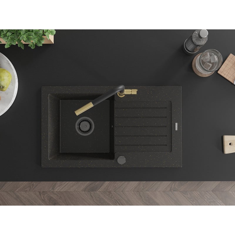 Mexen Pablo granitinė vienos kameros kriauklė su drenažu ir virtuviniu maišytuvu Flora, juoda/auksinis metalikas