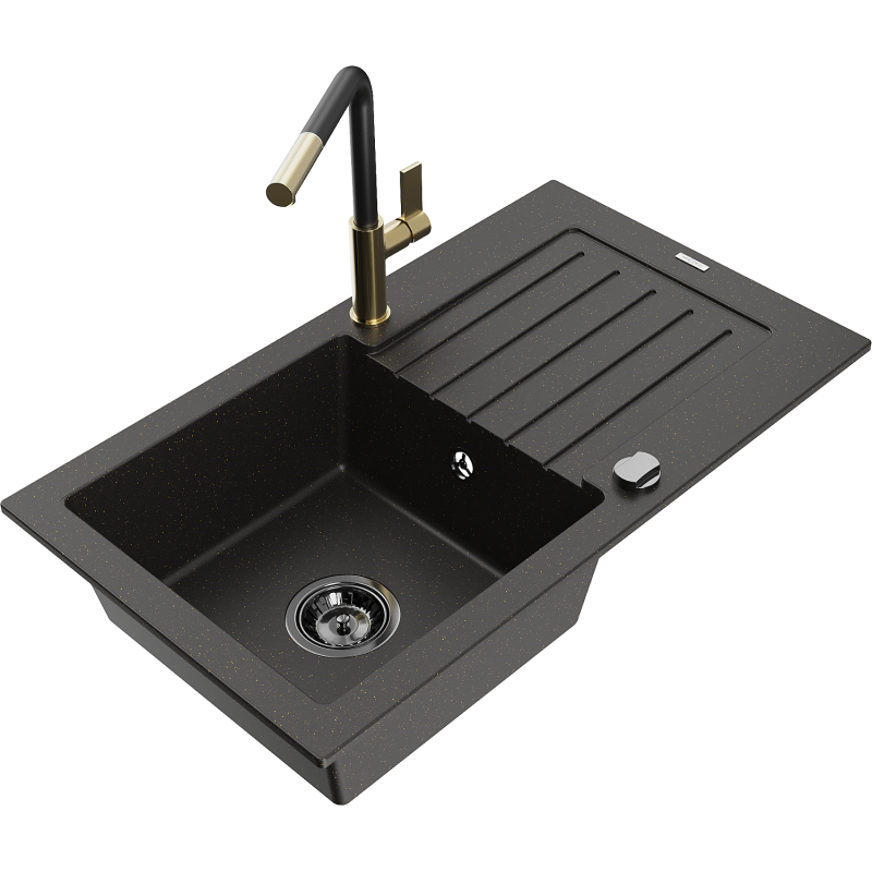 Mexen Pablo granitinė vienos kameros kriauklė su drenažu ir virtuviniu maišytuvu Flora, juoda/auksinis metalikas