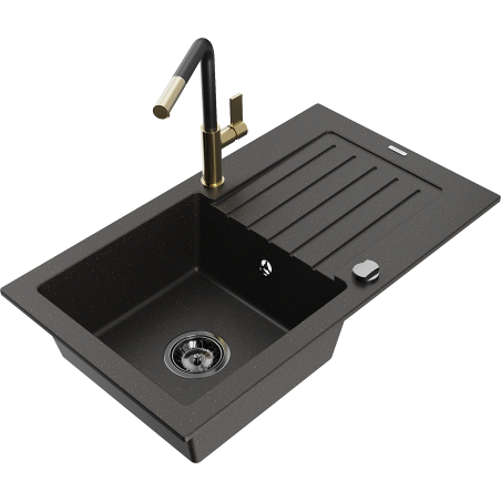 Mexen Pablo granitinė vienos kameros kriauklė su drenažu ir virtuviniu maišytuvu Flora, juoda/auksinis metalikas