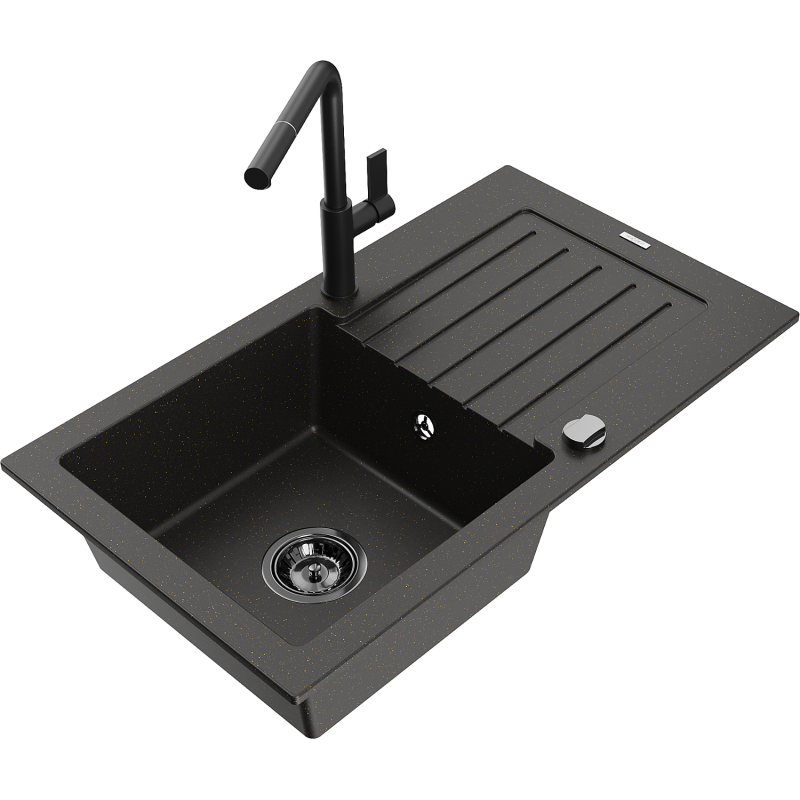 Mexen Pablo granitinė vienos plautuvės kriauklė su nusausinimo padėklu ir Flora virtuviniu maišytuvu, juoda/aukso metalo