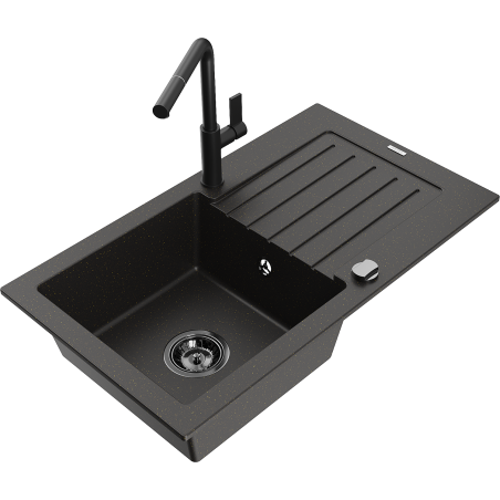 Mexen Pablo granitinė vienos plautuvės kriauklė su nusausinimo padėklu ir Flora virtuviniu maišytuvu, juoda/aukso metalo
