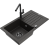 Mexen Pablo granitinė vienos plautuvės kriauklė su nusausinimo padėklu ir Flora virtuviniu maišytuvu, juoda/aukso metalo