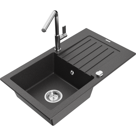 Mexen Pablo granitinė vienos sekcijos plautuvė su nuotakynine dalimi ir virtuviniu maišytuvu Flora, juoda dėmėta