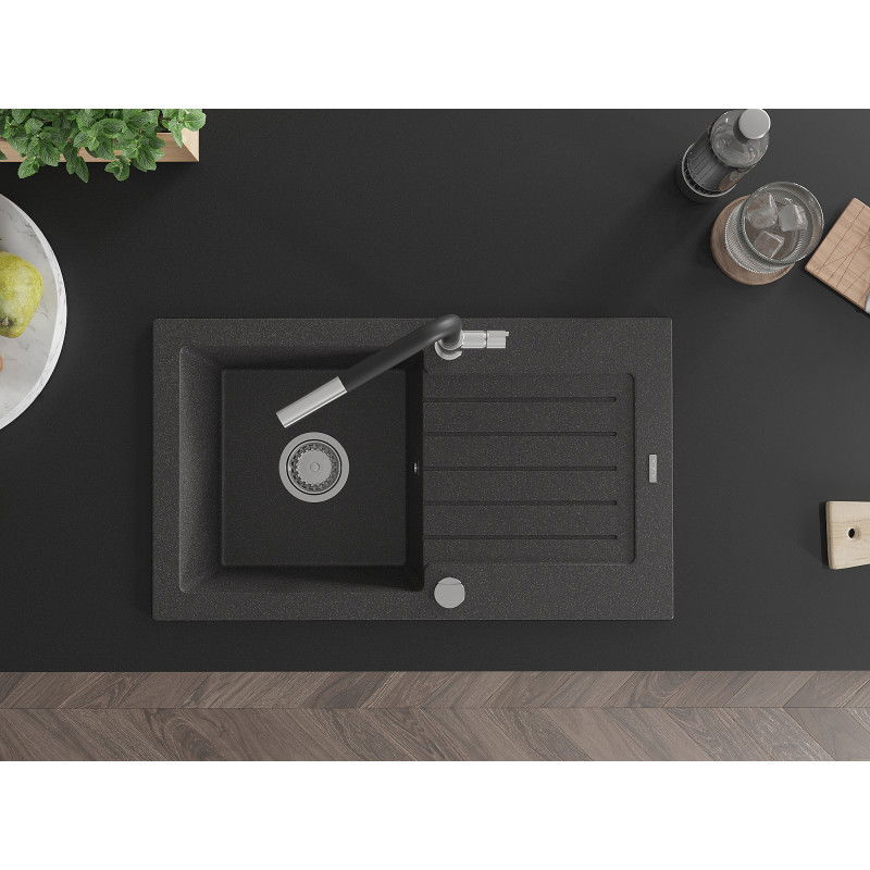 Mexen Pablo granitinė vienos kameros kriauklė su nutekėjimu ir virtuviniu maišytuvu Flora, juoda su taškais