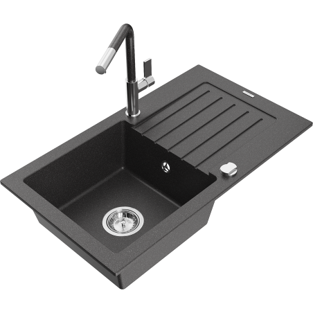 Mexen Pablo granitinė vienos kameros kriauklė su nutekėjimu ir virtuviniu maišytuvu Flora, juoda su taškeliais
