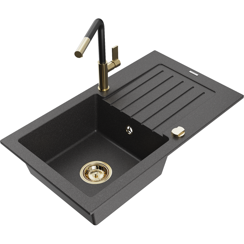 Mexen Pablo 1 kamerų granito plautuvė su drenažu ir virtuvės maišytuvu Flora, juoda su dėmelėmis - 6510-76-670401-57-G