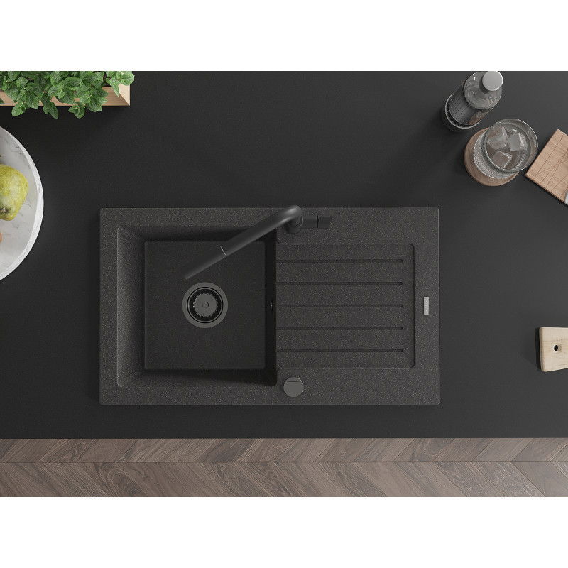 Mexen Pablo granito plautuvė su viena kamera ir nusausintuvu bei maišytuvu Flora, juodas dėmėtas - 6510-76-670401-70-B