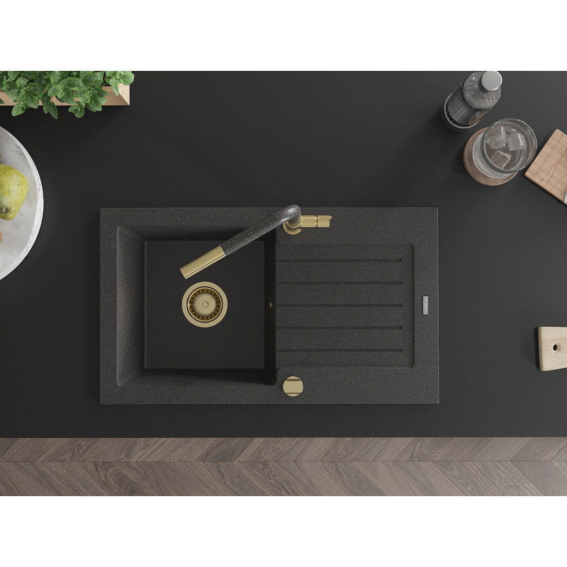 Mexen Pablo granitinė vienos kameros kriauklė su drenažu ir Flora virtuvės maišytuvu, juoda su taškeliais