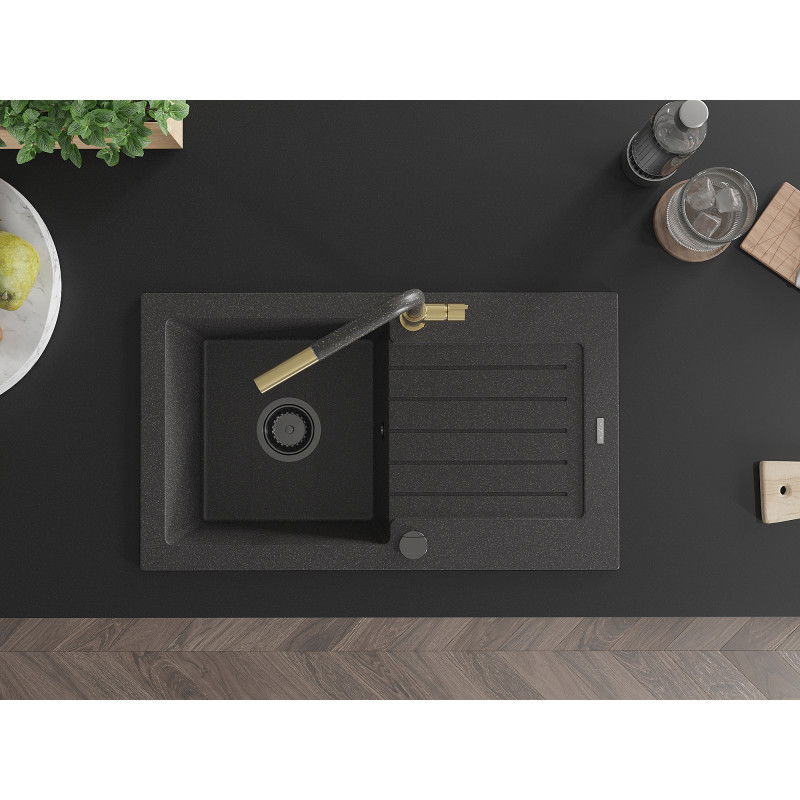 Mexen Pablo granitinė vieno dubens kriauklė su nusausinimo plokšte ir virtuvės maišytuvu Flora, juoda dėmėta