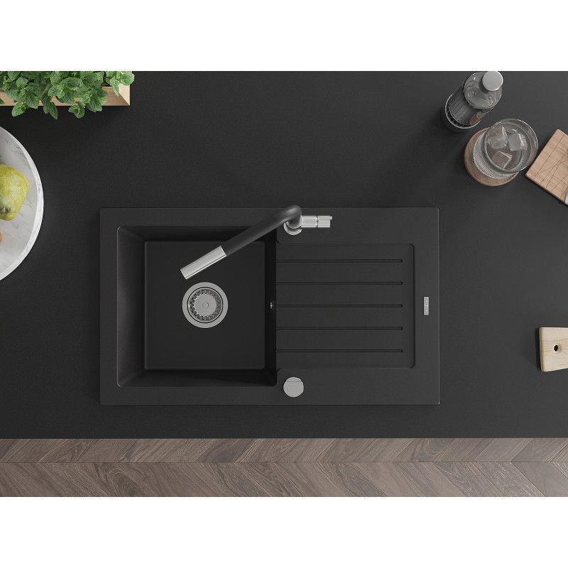 Mexen Pablo vienos dalies granitinis praustuvo kriauklė su nutekėjimo ir virtuvės maišytuvu Flora, juoda - 6510-77-670401-07