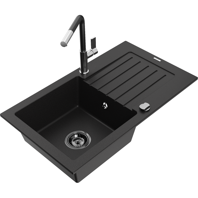 Mexen Pablo granitinė vienos kameros kriauklė su nutekėjimu ir virtuvės maišytuvu Flora, juodas - 6510-77-670401-07-B