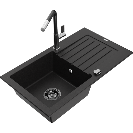 Mexen Pablo granitinė vienos kameros kriauklė su nutekėjimu ir virtuvės maišytuvu Flora, juodas - 6510-77-670401-07-B