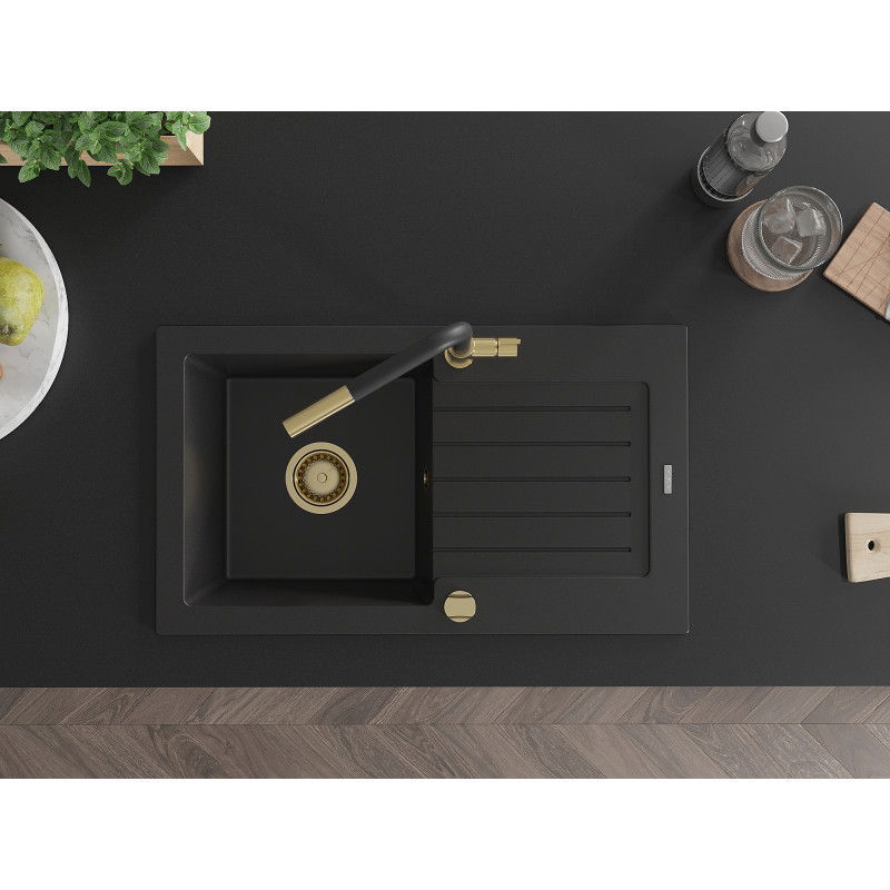 Mexen Pablo granitinė vienos kameros kriauklė su nusausinimu ir Flora virtuvės maišytuvu, juoda - 6510-77-670401-57-G