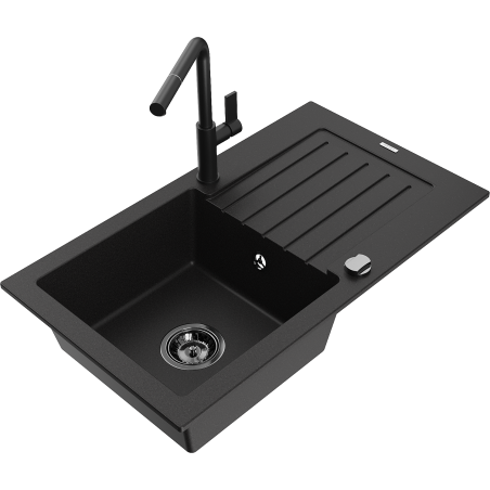 Mexen Pablo granito plautuvė su vienu dubeniu, nusausintuvu ir virtuves maišytuvu Flora, juodas - 6510-77-670401-70-B