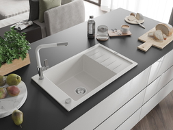 Mexen Elias granitinė 1-dubens plautuvė su nusausintuvu ir virtuviniu maišytuvu Flora, balta - 6511-20-670401-02