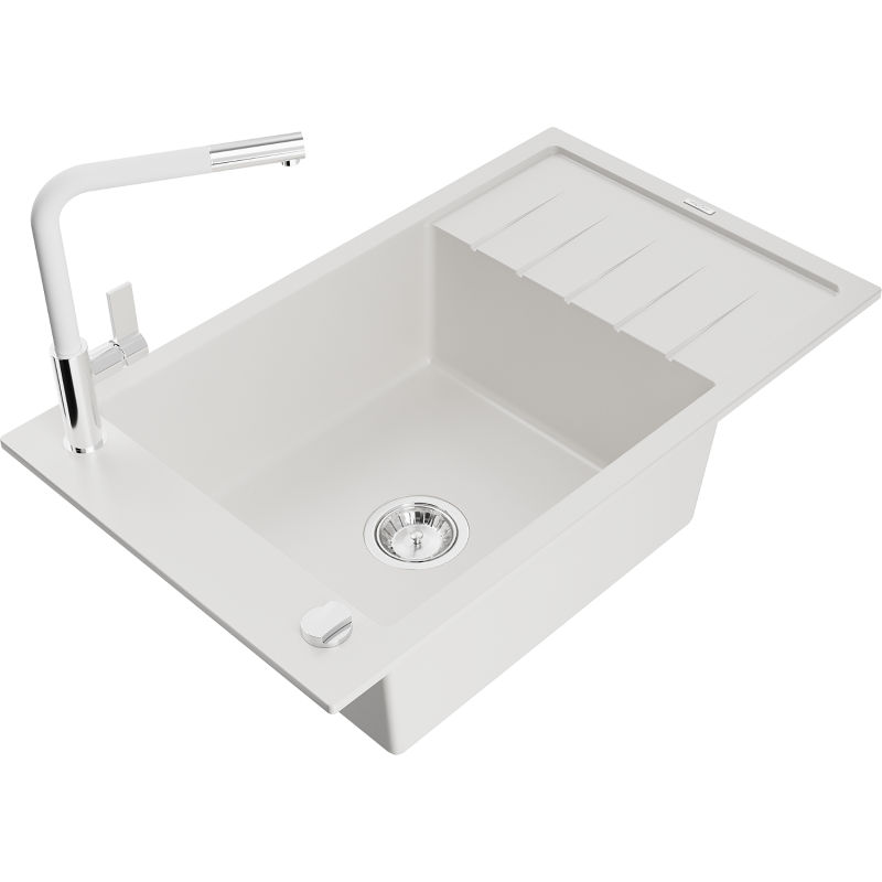 Mexen Elias granitinė 1-dubens plautuvė su nusausintuvu ir virtuviniu maišytuvu Flora, balta - 6511-20-670401-02