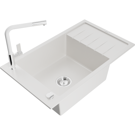 Mexen Elias granitinė 1-dubens plautuvė su nusausintuvu ir virtuviniu maišytuvu Flora, balta - 6511-20-670401-02