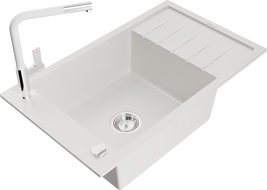 Mexen Elias granitinė 1-dubens plautuvė su nusausintuvu ir virtuviniu maišytuvu Flora, balta - 6511-20-670401-02