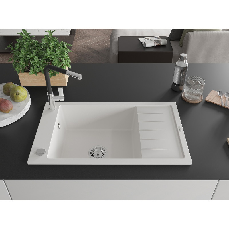 Mexen Elias 1-komorė granito kriauklė su nusausinimo paviršiumi ir Flora virtuviniu maišytuvu, balta - 6511-20-670401-07