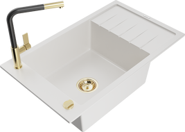 Mexen Elias granitinė kriauklė su 1 skyriumi, nutekėjimo paviršiumi ir Flora virtuvės maišytuvu, balta - 6511-20-670401-57-G