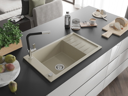 Mexen Elias vienos kameros granitinė plautuvė su nusausintoju ir Flora virtuvės maišytuvu, smėlio spalvos - 6511-69-670401-07