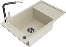 Mexen Elias vienos kameros granitinė plautuvė su nusausintoju ir Flora virtuvės maišytuvu, smėlio spalvos - 6511-69-670401-07